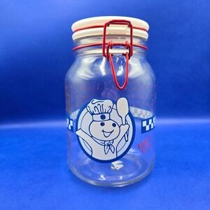 Vintage Pillsbury Doughboy Poppin Fresh Glass‎ Canister Red Wire Bail Lid 8in